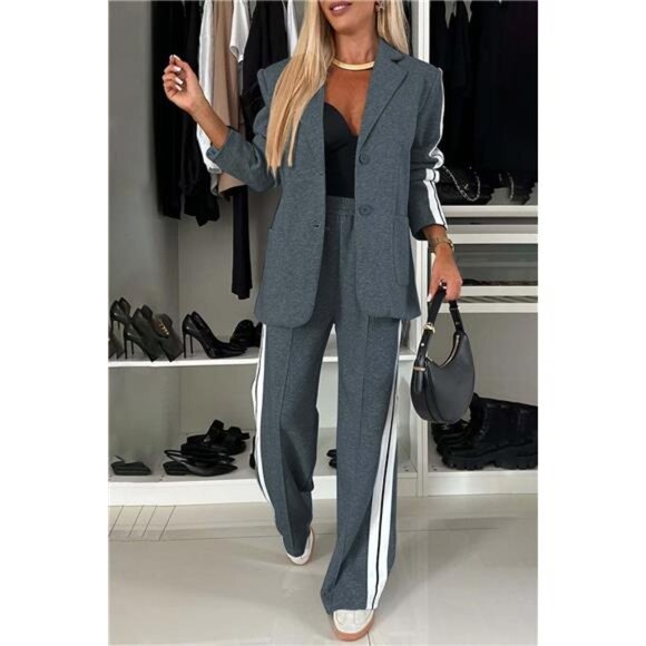 Full Size Contrast Lapel Collar Top and Pants Set - Picture 10 of 15